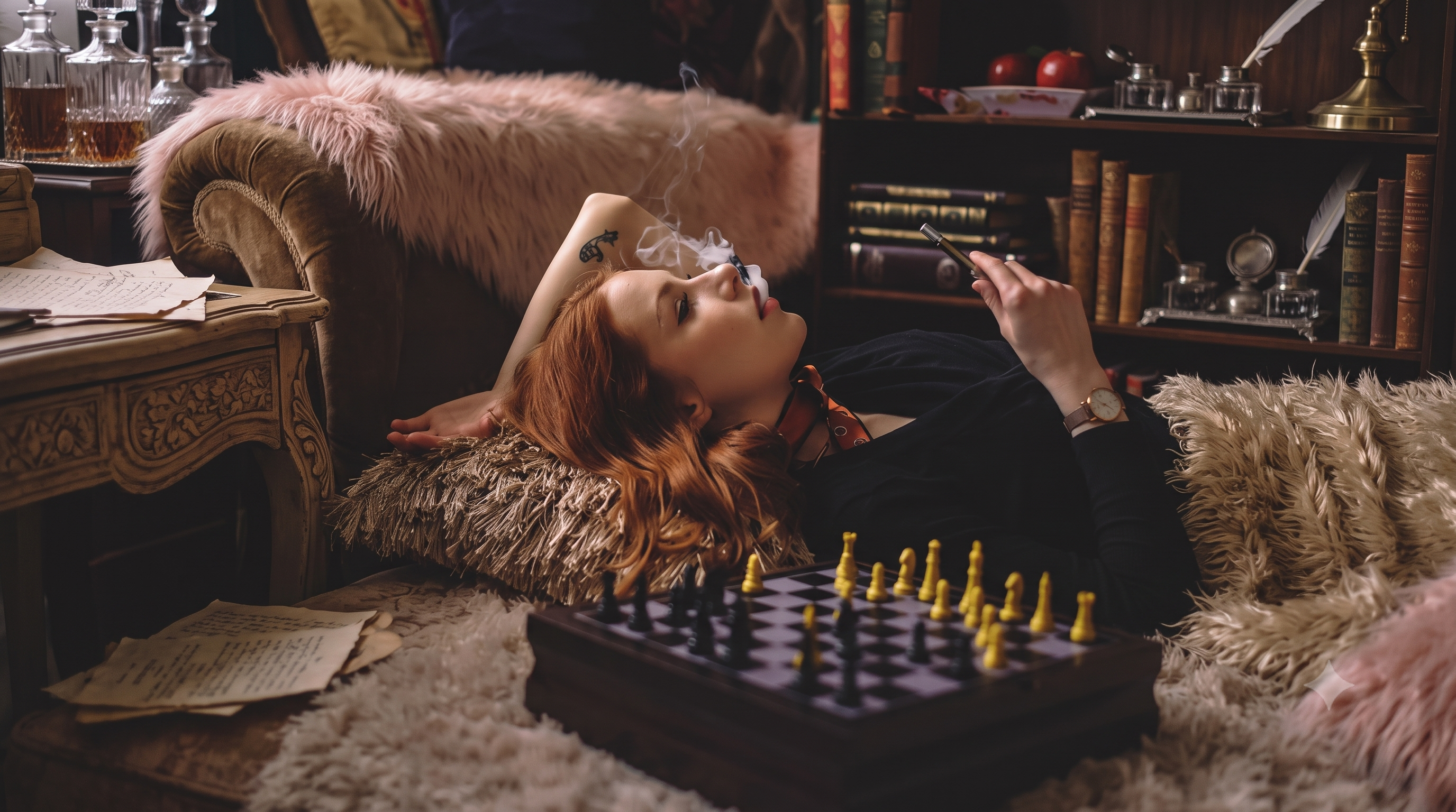 Woman lying on the floor while smoking