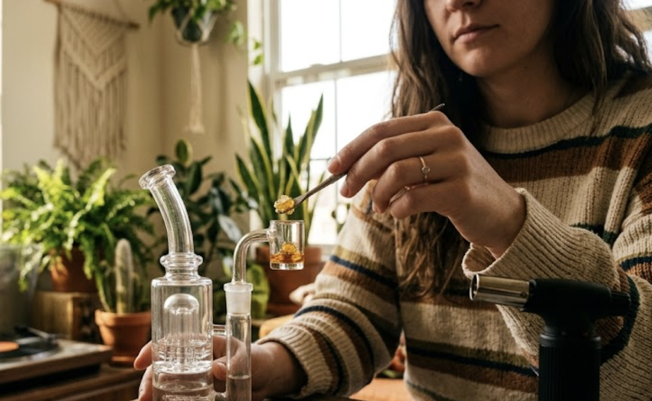 A woman sitting in a plant-filled apartment loading the best THCA diamonds into a dab rig.