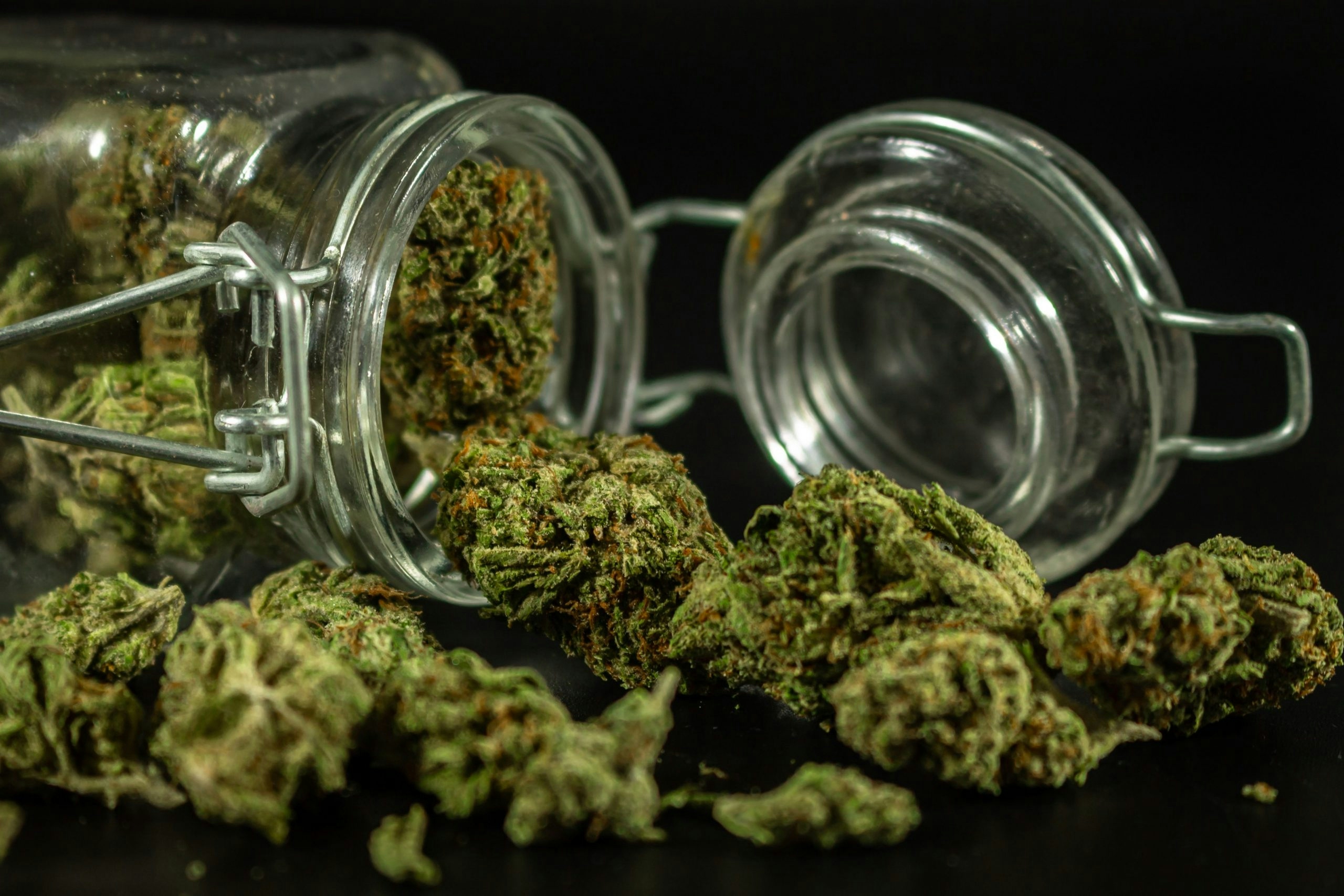 Nugs of cannabis flower falling out of an open Mason Jar.