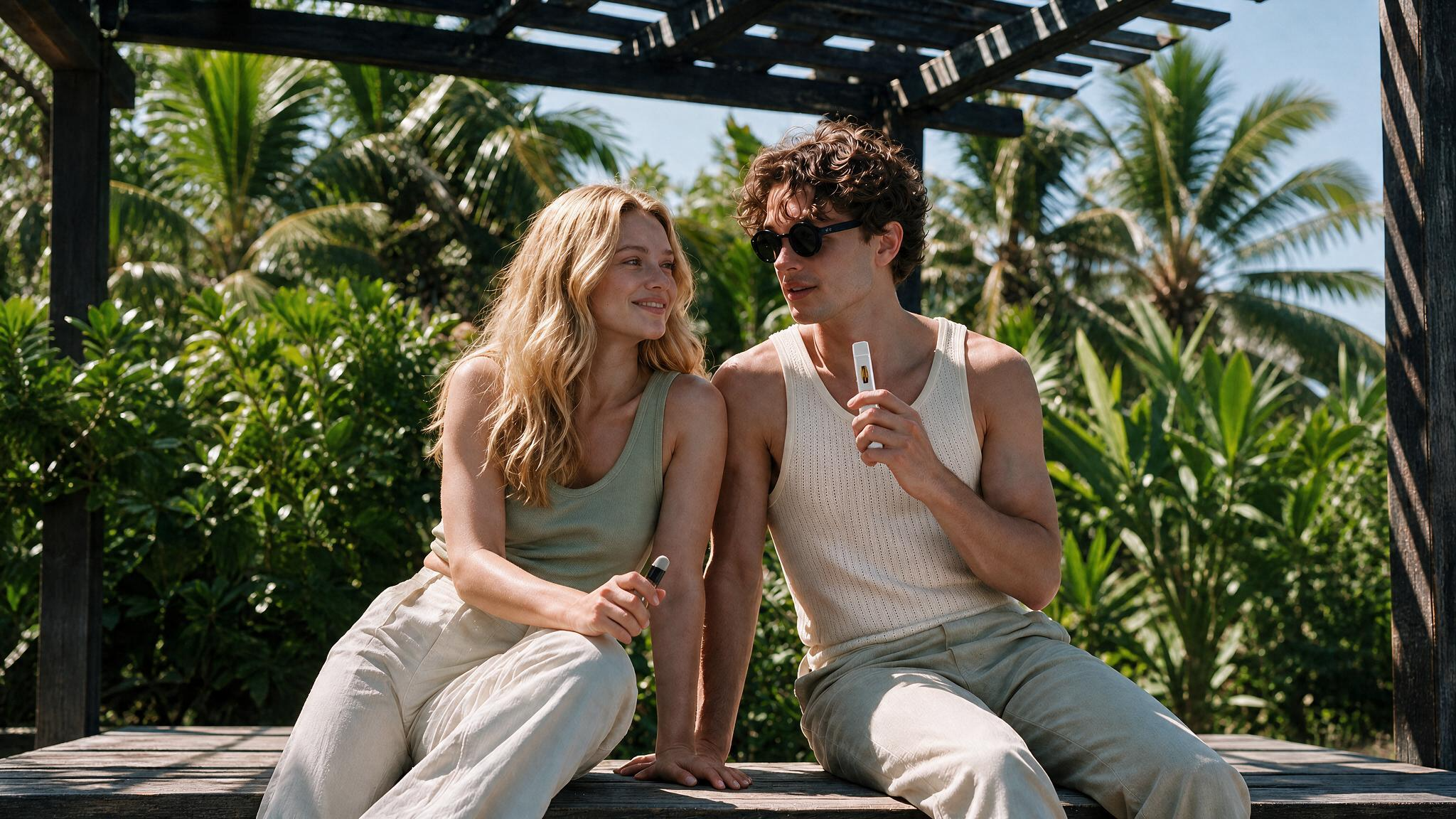 A man and woman sitting closely beside one another. The man is holding a white disposable vape in his hand.