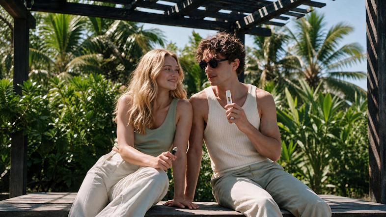 A man and woman sitting closely beside one another. The man is holding a white disposable vape in his hand.