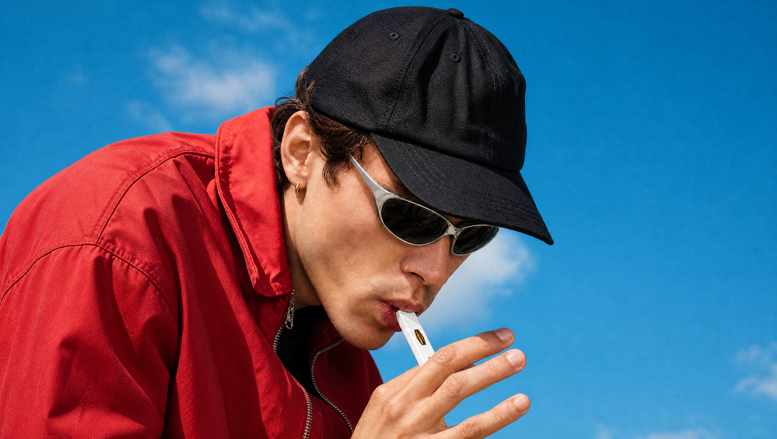 Person is inhaling from a disposable vape, wearing a bright red jacket, black cap, sunglasses, and has a bright sky background behind them.