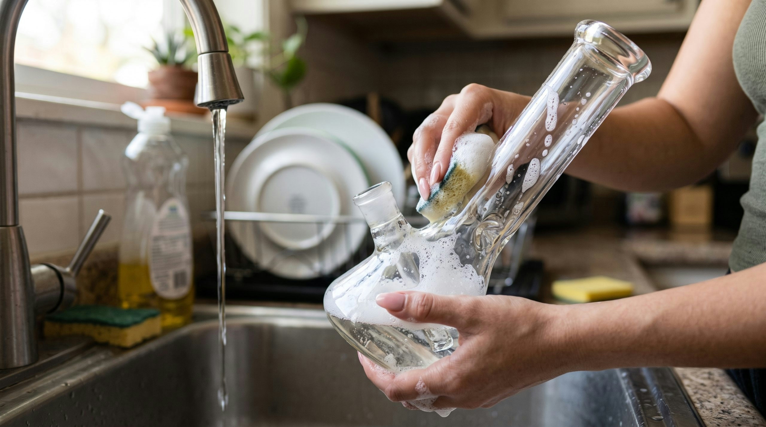 woman cleaning a bong with soap