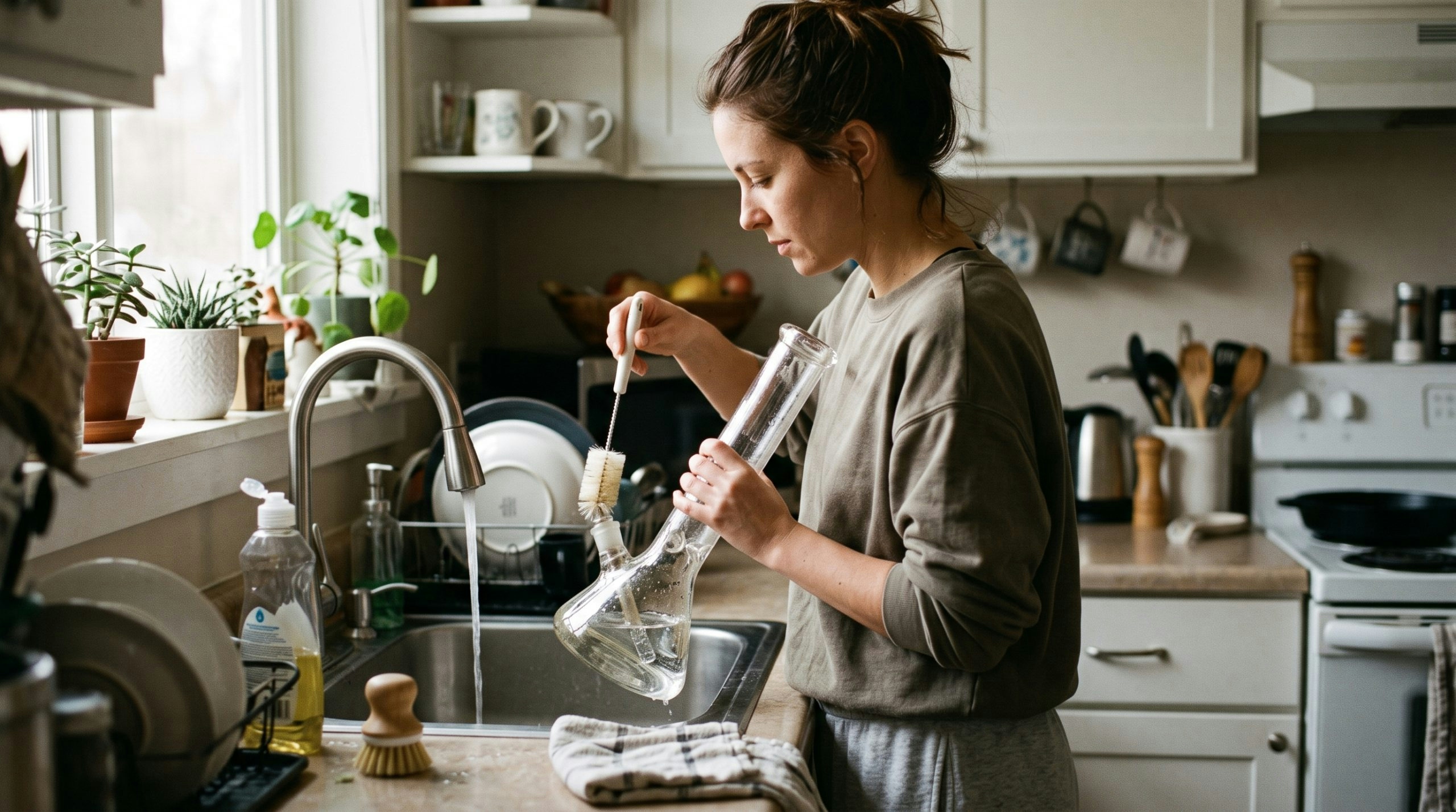 woman cleaning her bong