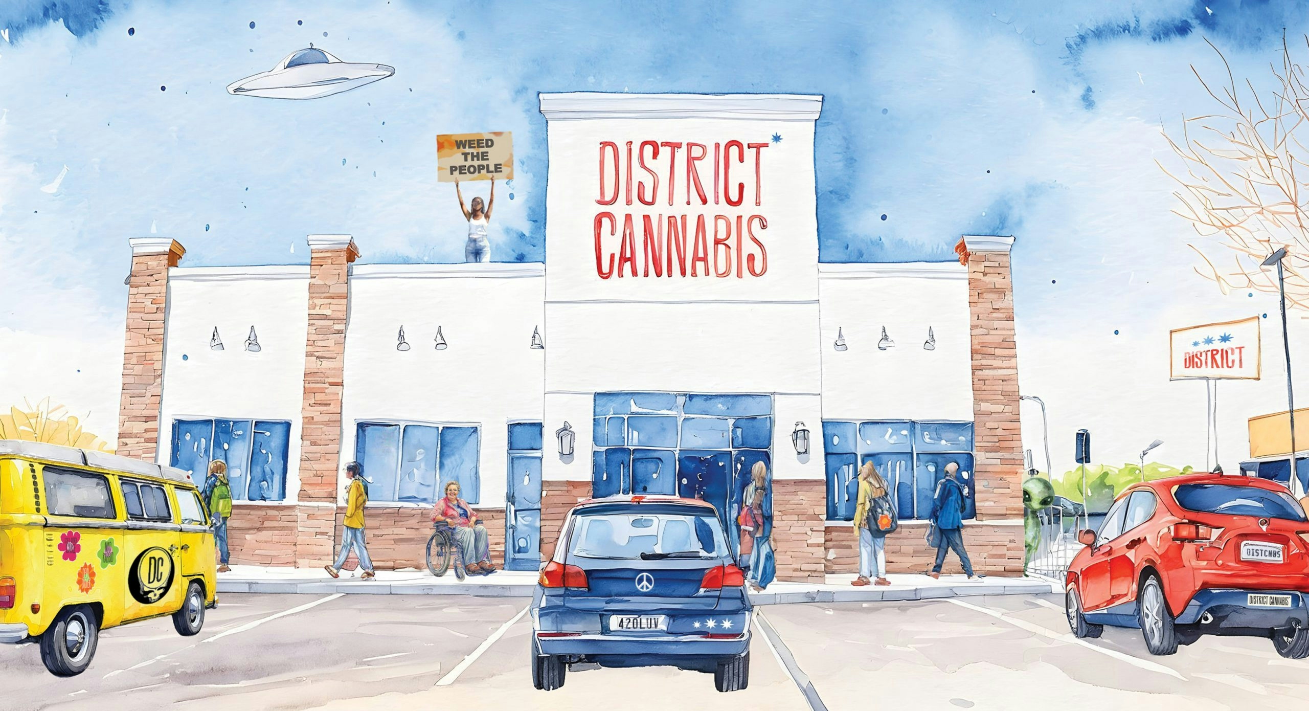 illustration of the front view of the dispensary district cannabis