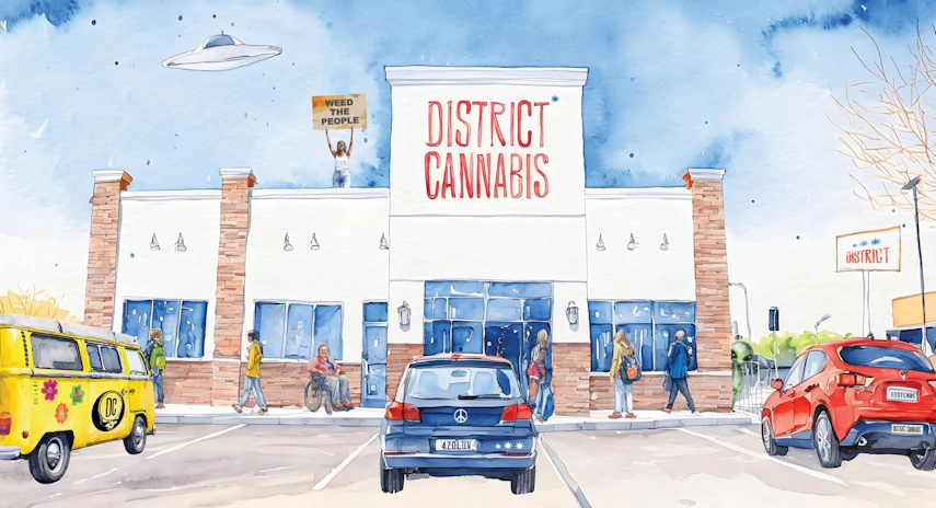 illustration of the front view of the dispensary district cannabis