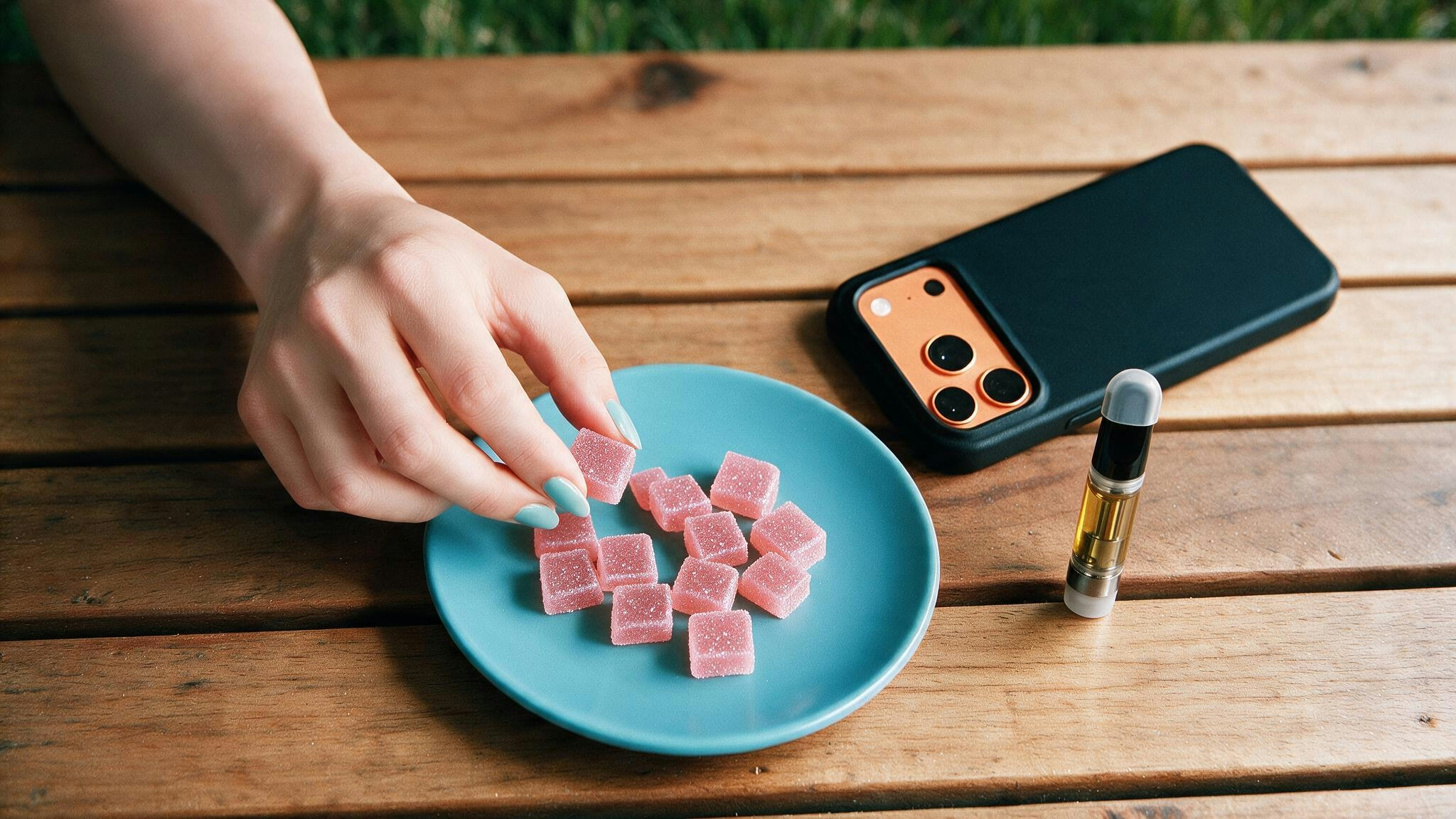 woman picking a pink gummy from a plate