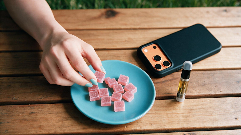 woman picking a pink gummy from a plate