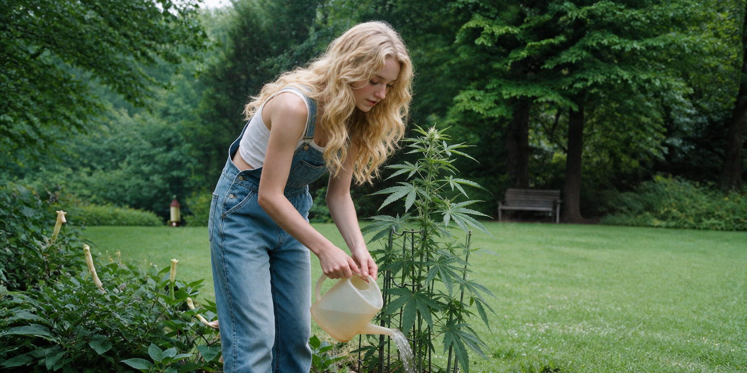 woman watering her cannabis plants outside