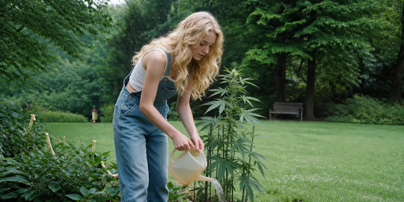 woman watering her cannabis plants outside