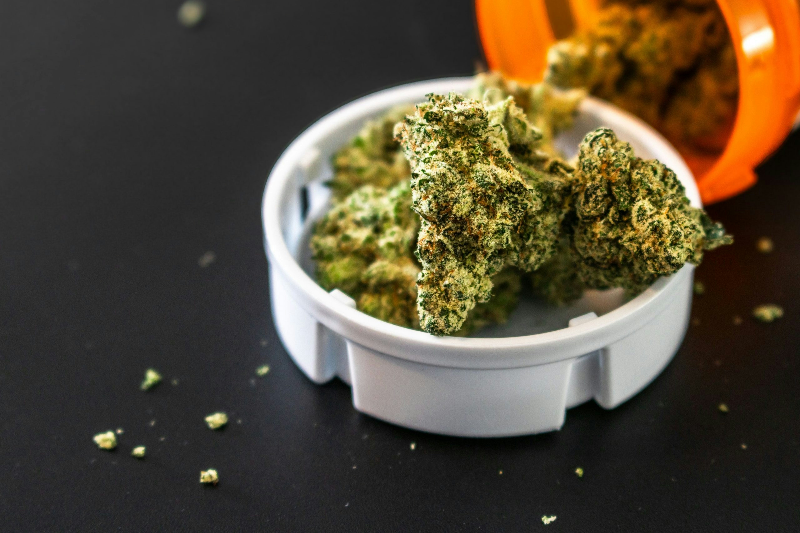 Close-up of boutique weed flower sitting in a white ceramic dish.