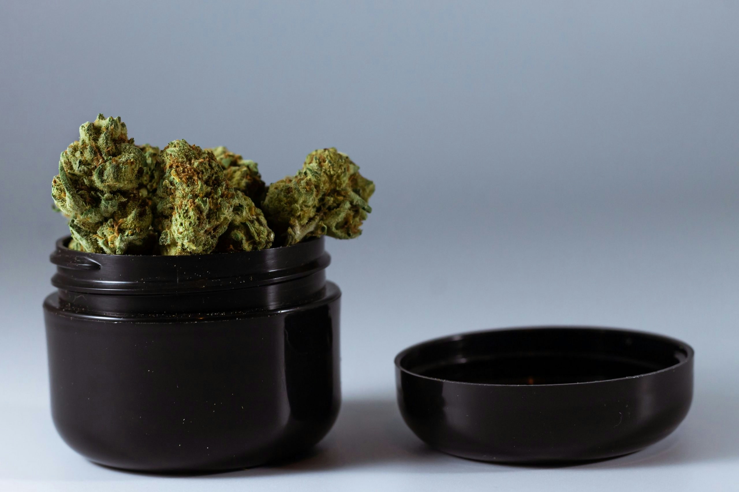 Boutique weed flower sitting in a black open jar.