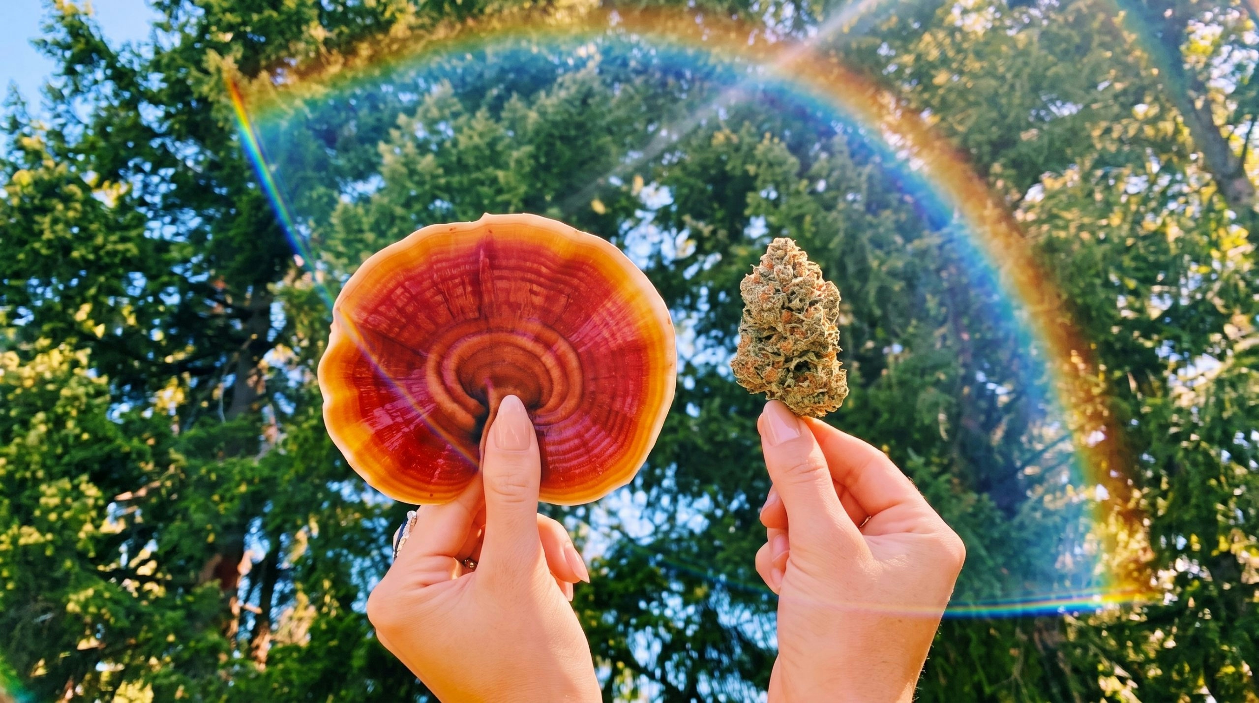 woman holding a mushroom and a cannabis bud with a rainbow over