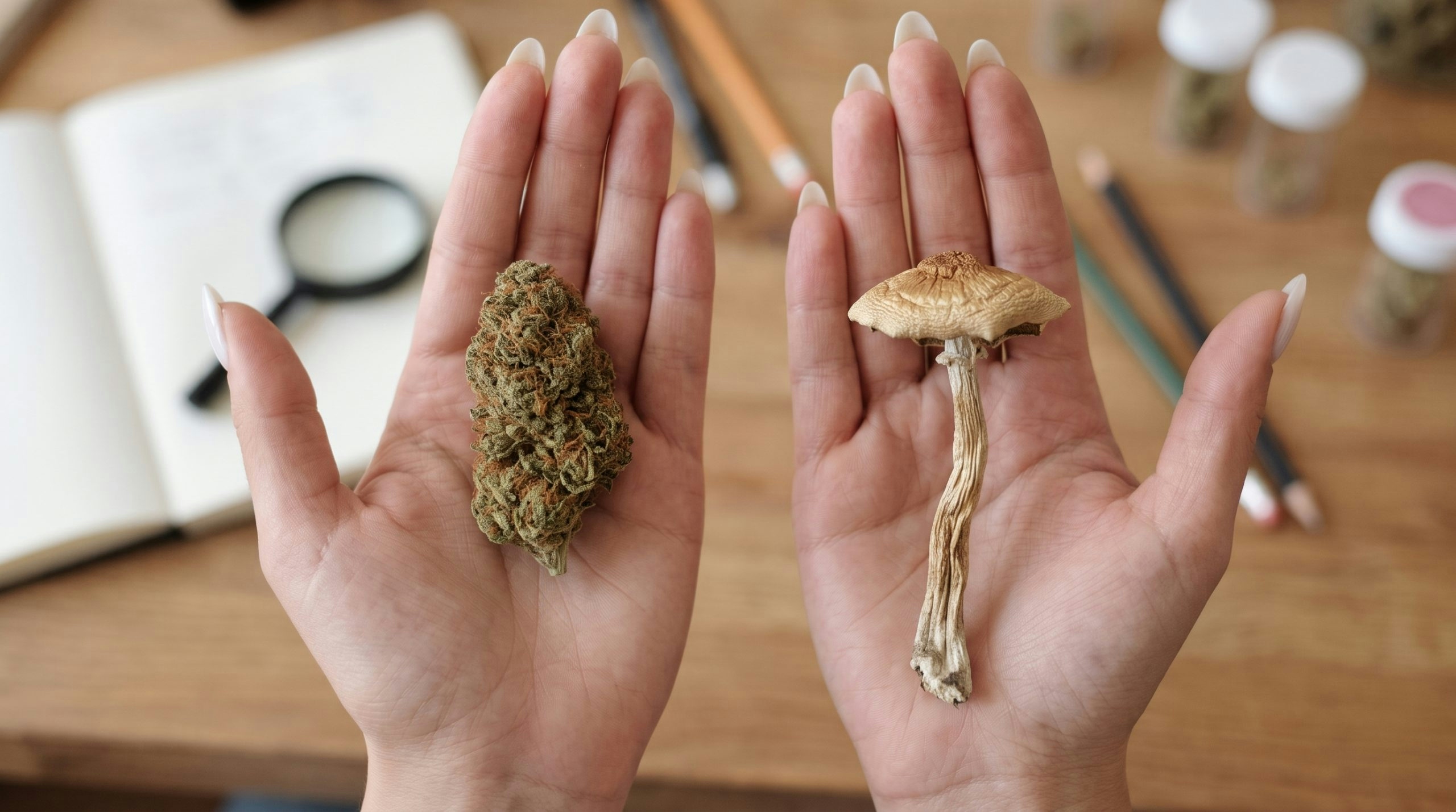 WOMAN COMPARING A MUSHROOM AND A CANNABIS BUD