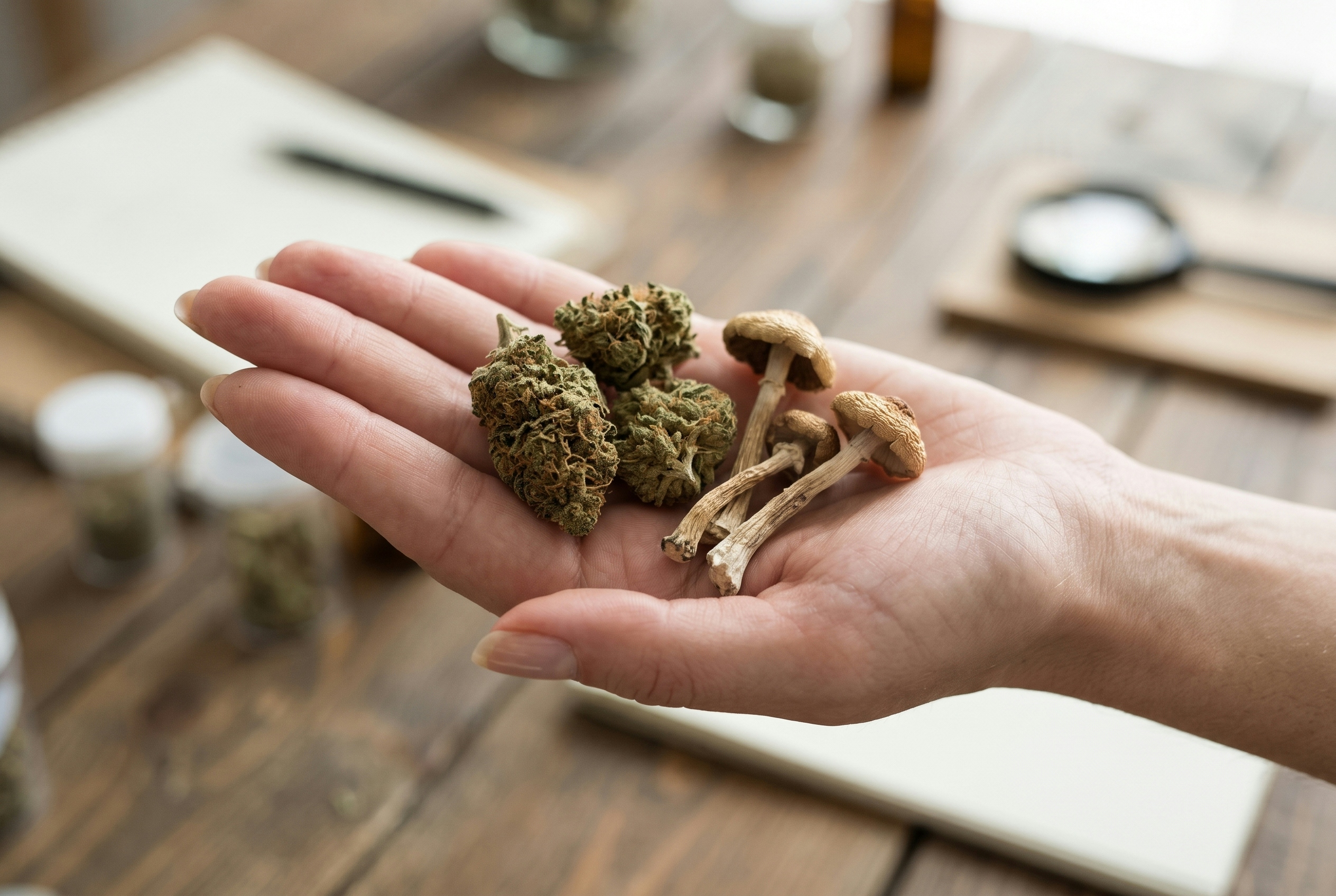 HAND HOLDING A MUSHROOM AND A BUD