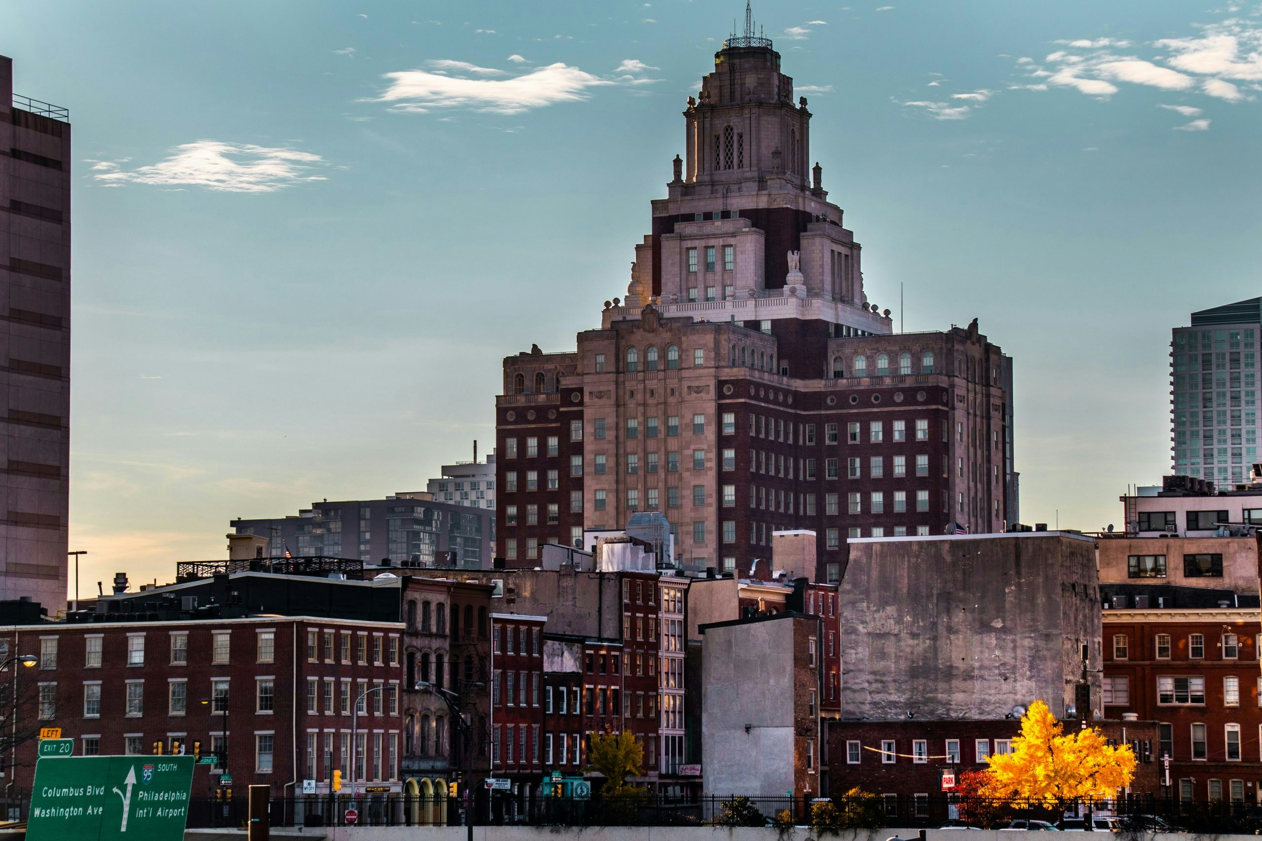 a view of a city with tall buildings