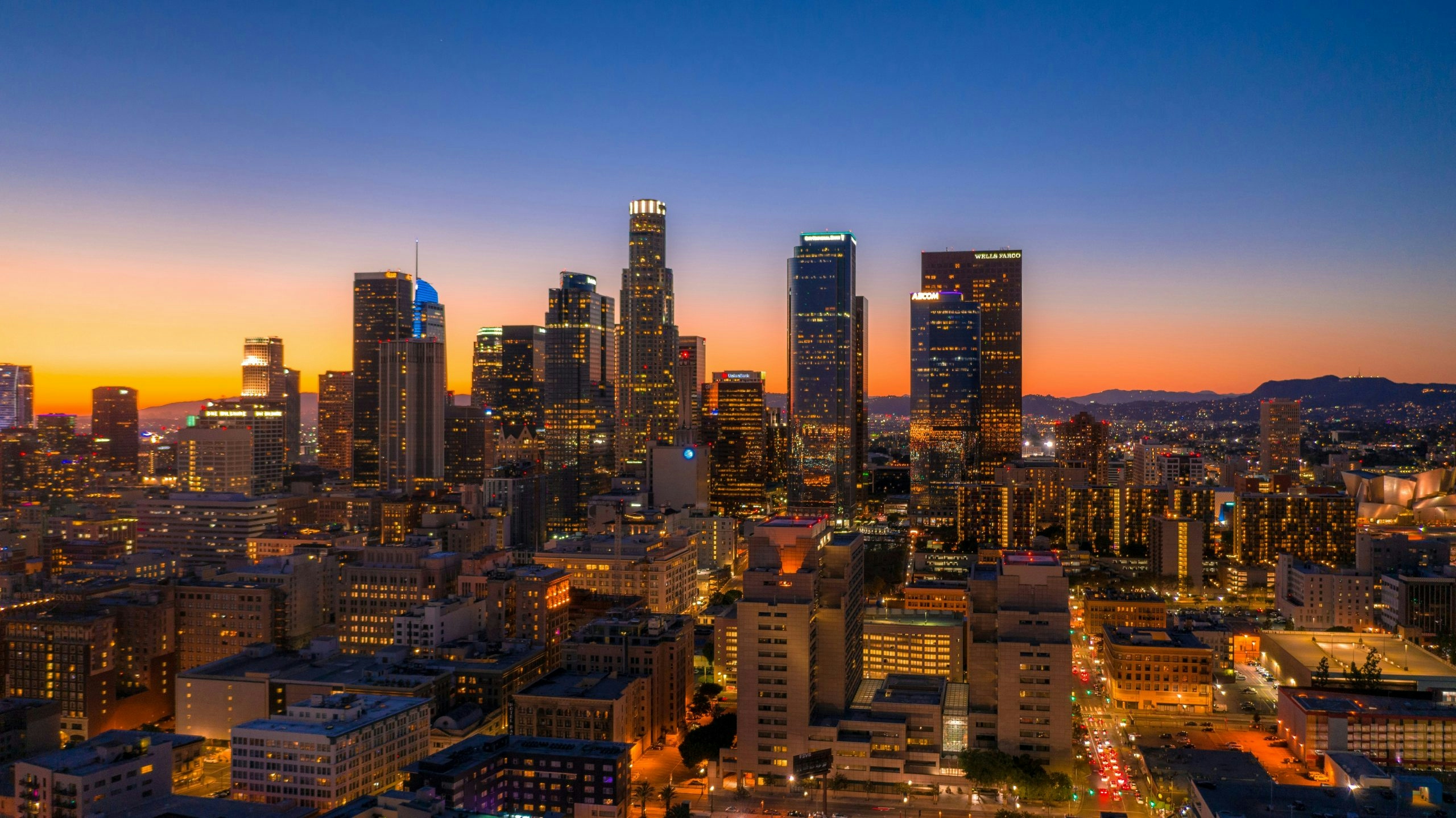 Aerial photo of buildings at night