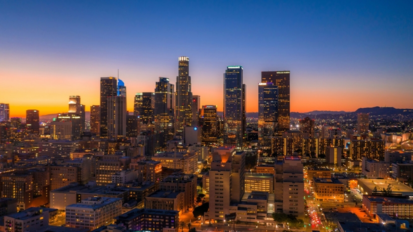 Aerial photo of buildings at night