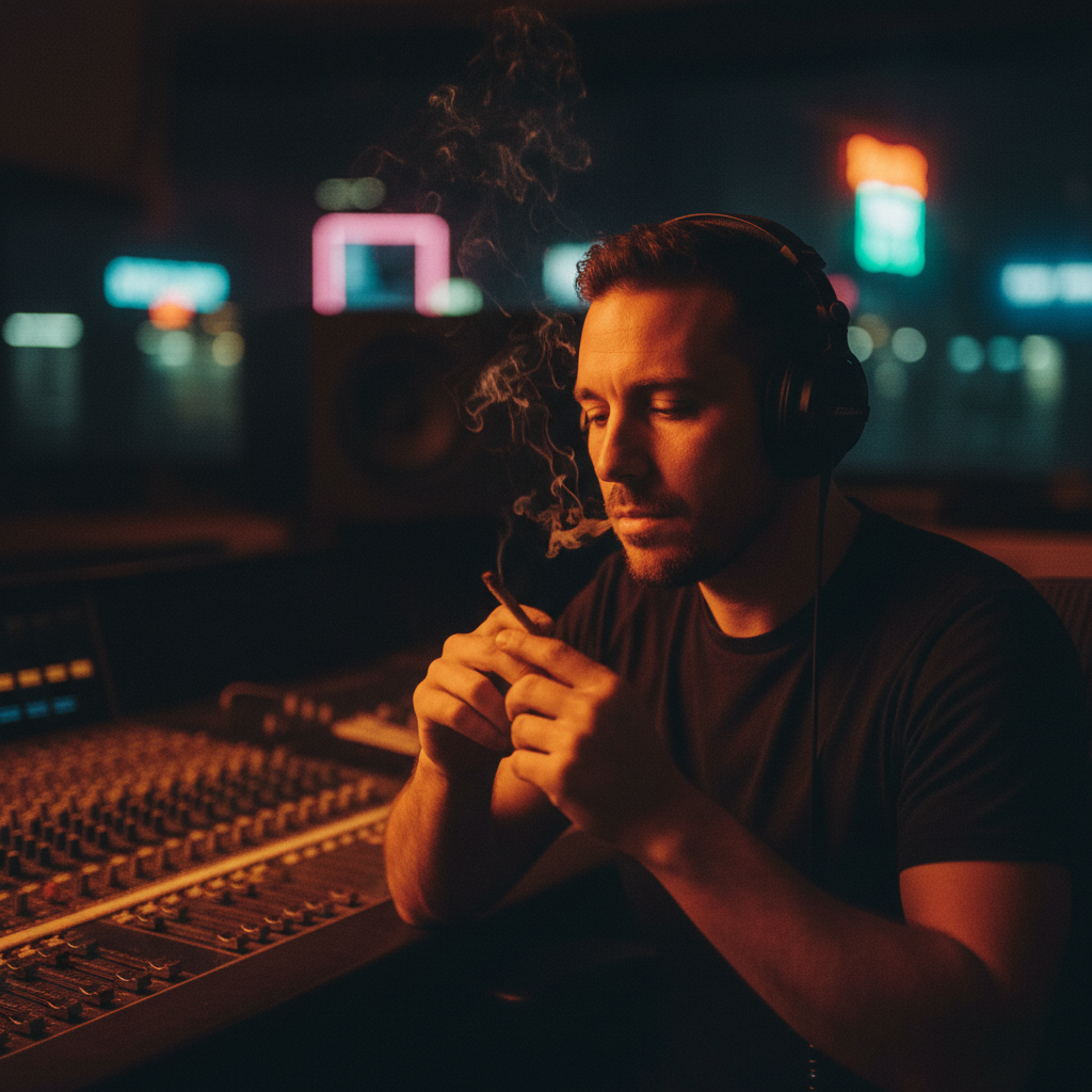 Sports commentator smoking a joint in a broadcast studio