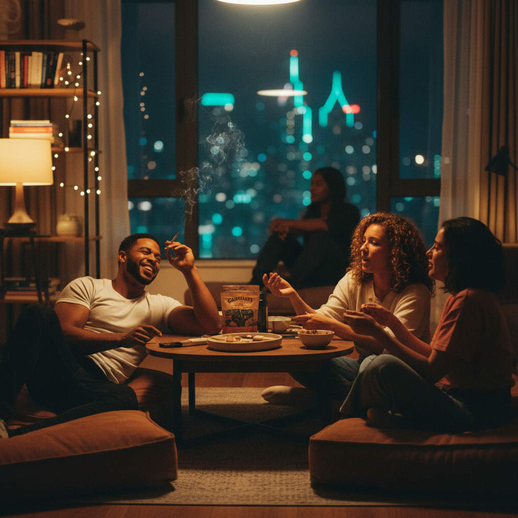 Four bodybuilder friends relaxing on floor cushions in a cozy city apartment at night