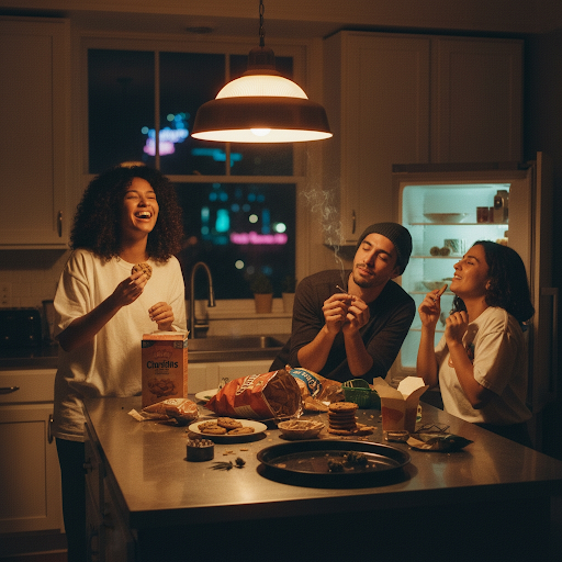 Choreographers relaxing and sharing conversation in a cozy city apartment at night