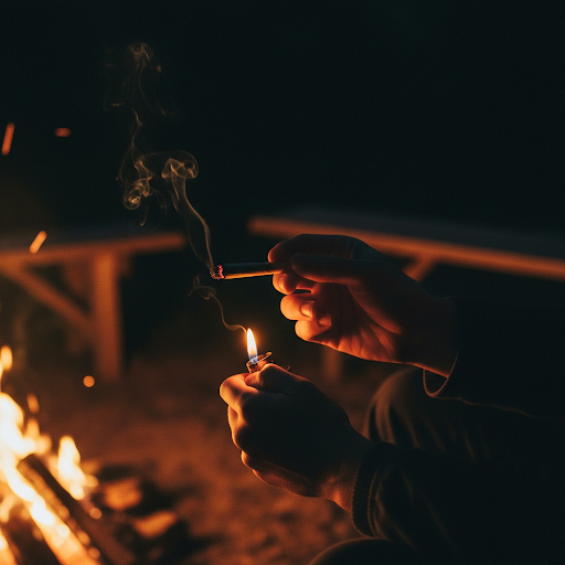Hands holding a joint at night in a cozy outdoor setting