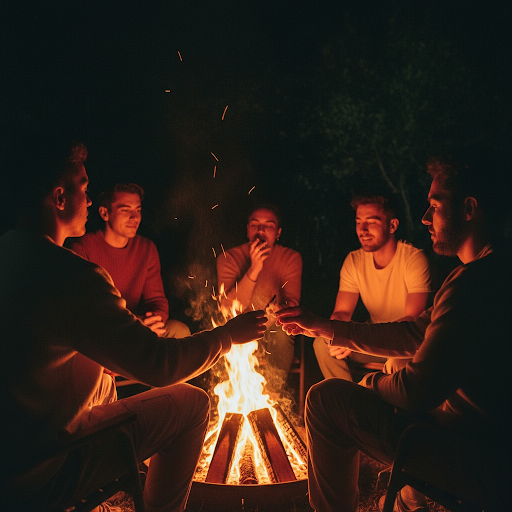 Group of people smoking weed outdoors around a bonfire