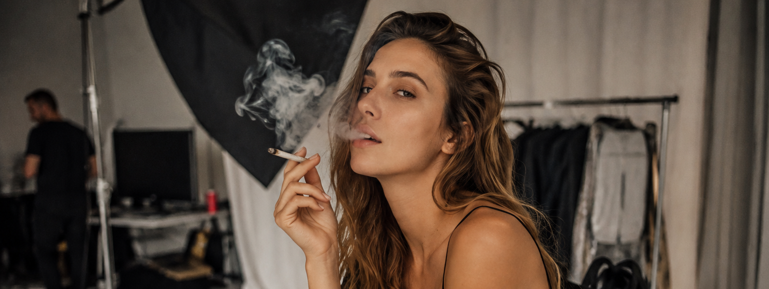 Beautiful woman posing and smoking a joint before a photography session in a professional studio