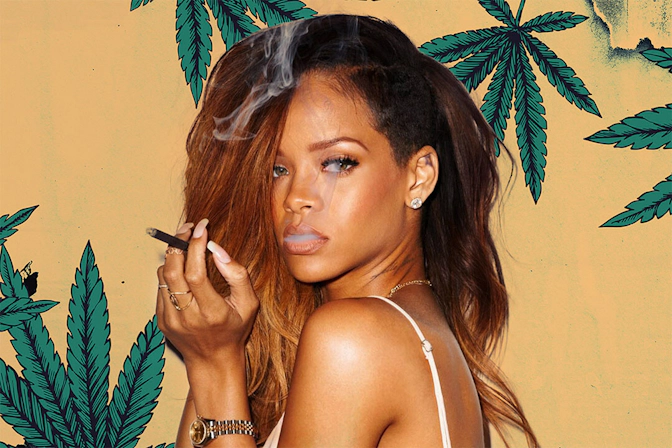 Rihanna posing during a creative photo shoot while holding a joint with a weed background