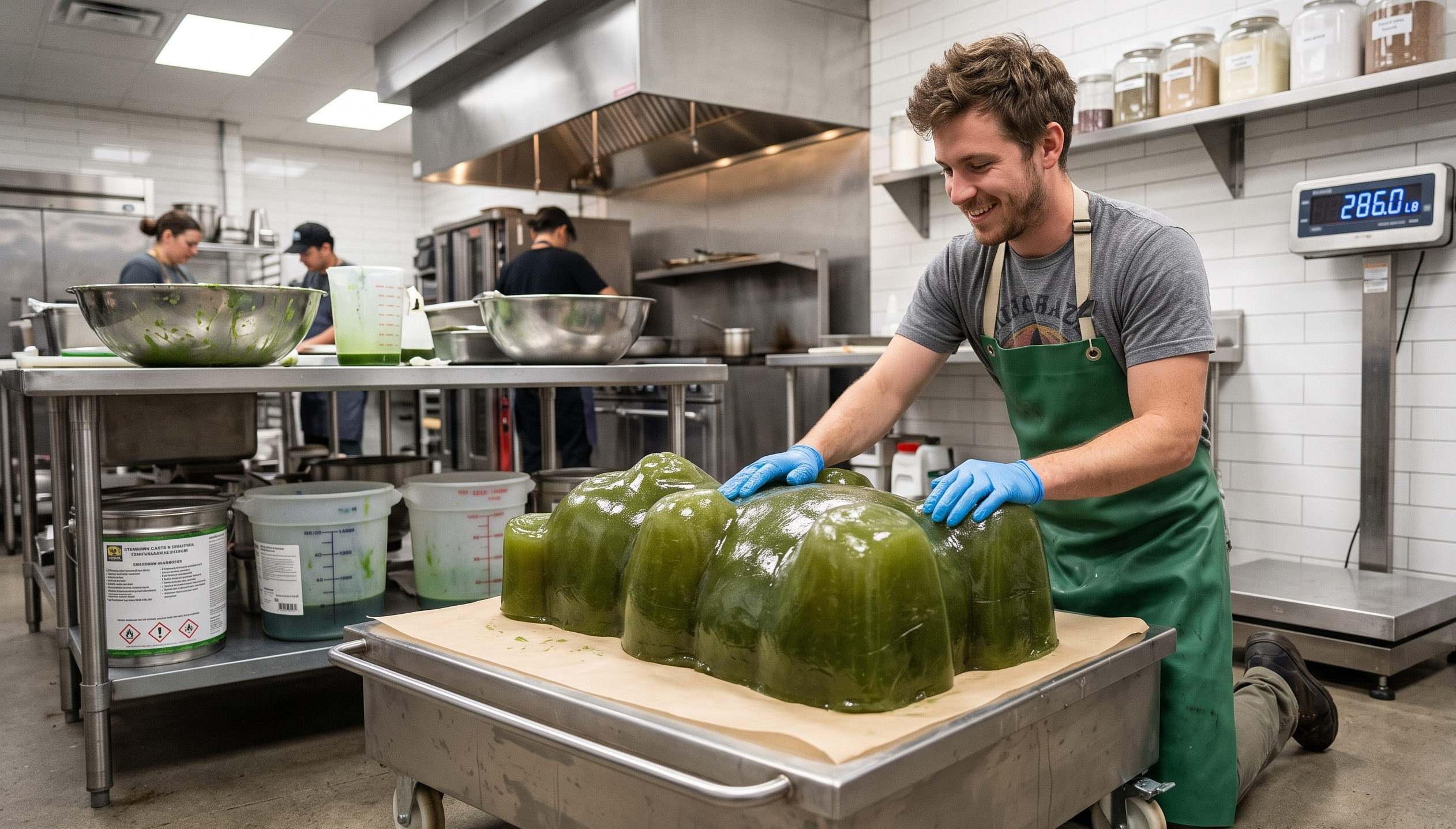 Person preparing a giant cannabis gummy in a commercial kitchen