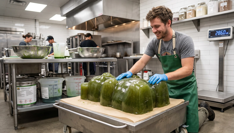 Person preparing a giant cannabis gummy in a commercial kitchen