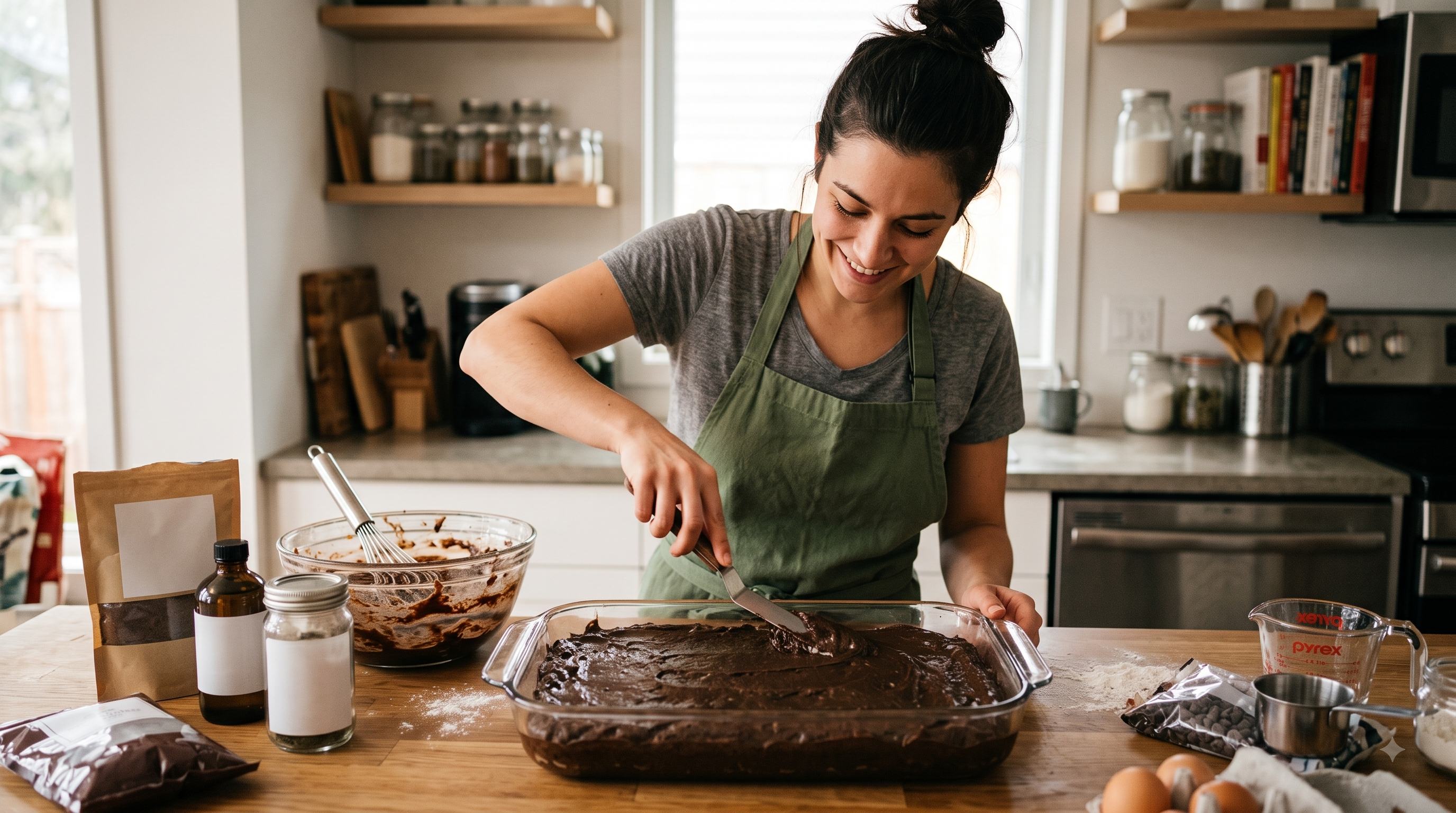 Person preparing a giant cannabis brownie in a kitchen.