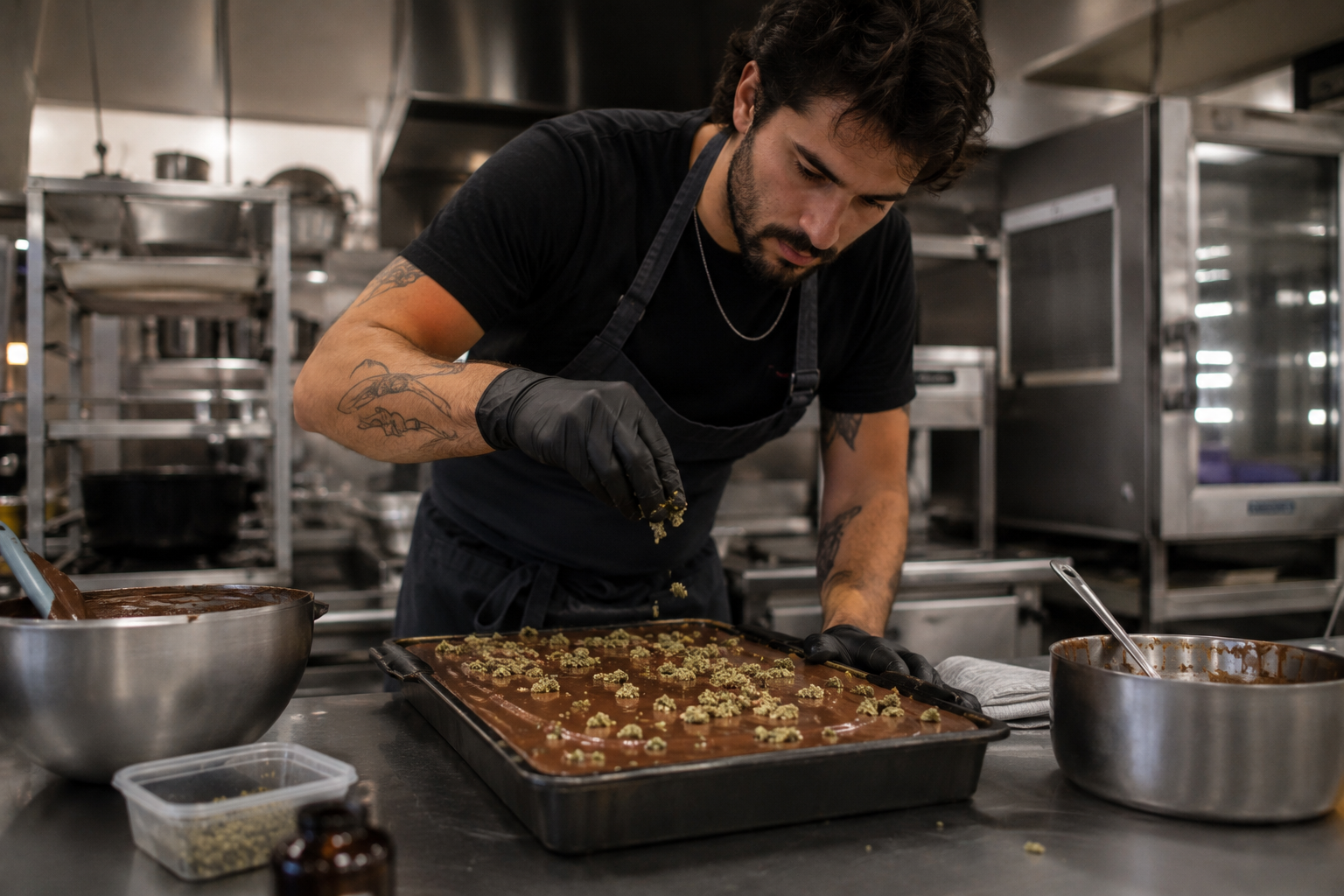 Person mixing ingredients for a batch of cannabis brownies