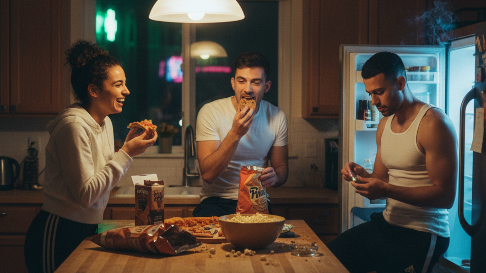 Three athletic friends sharing snacks in a late-night kitchen