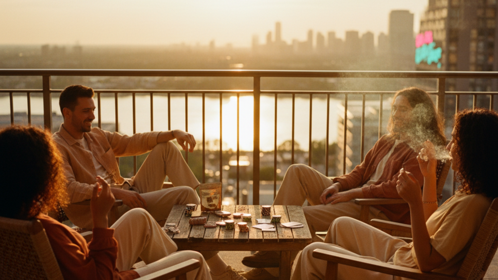 Four poker players lounging on a city balcony at golden hour
