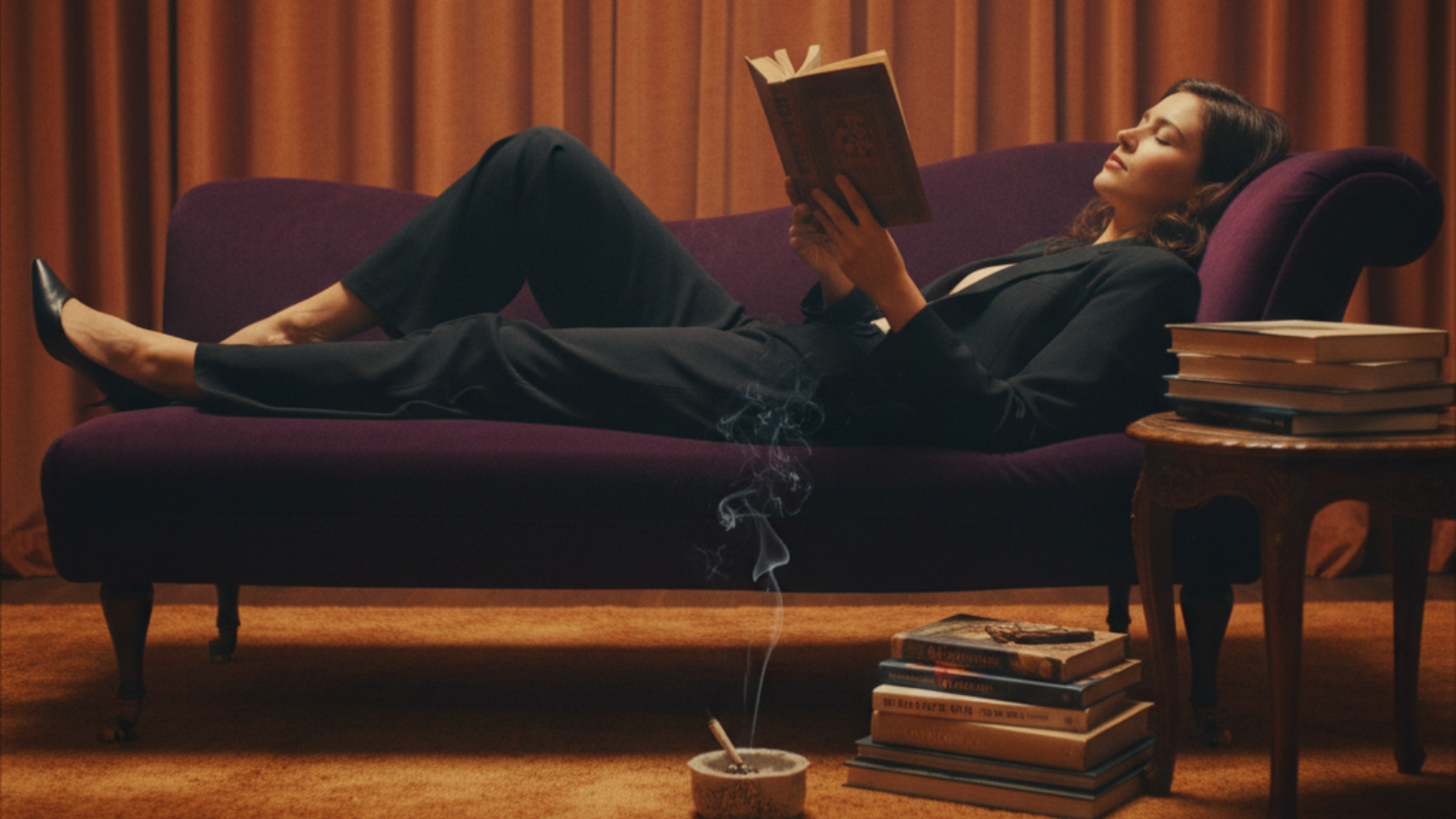 Solo person reading on a deep purple velvet chaise with joint in ashtray