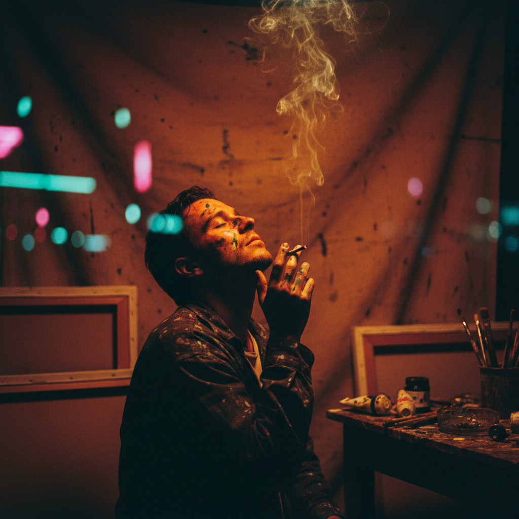 Single artist smoking a joint in a paint-splattered studio with warm amber and crimson lighting