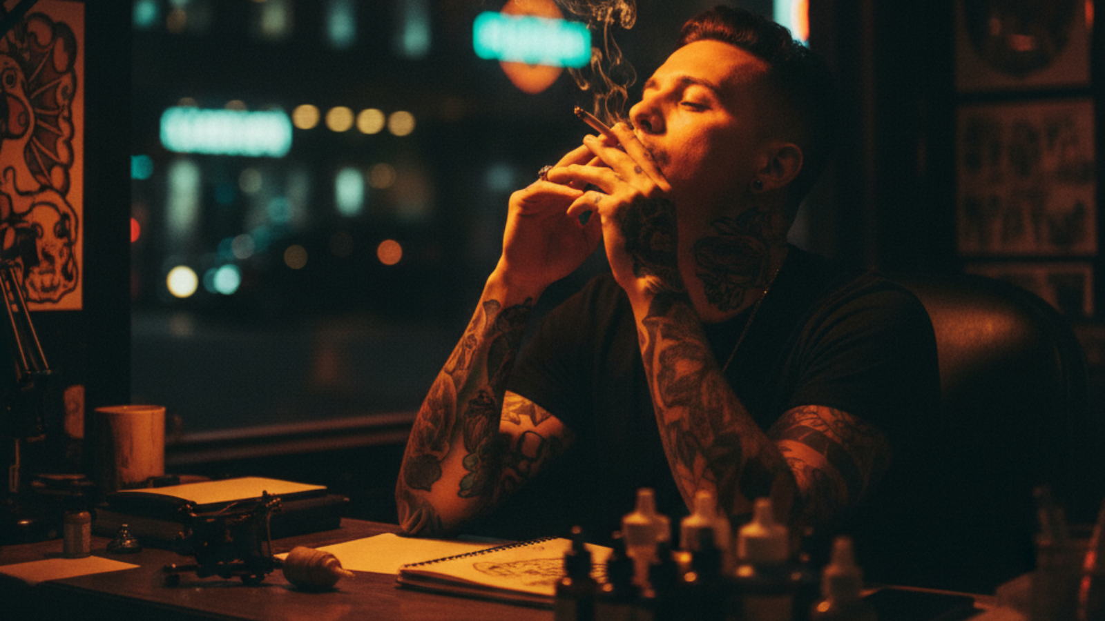 Single tattoo artist smoking a joint in a tattoo parlor after hours