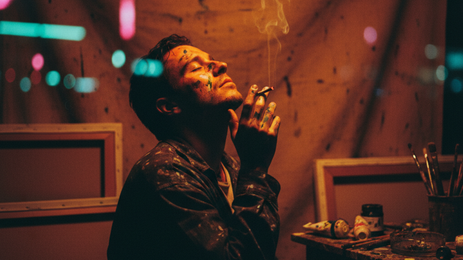Single artist smoking a joint in a paint-splattered studio with warm amber and crimson lighting