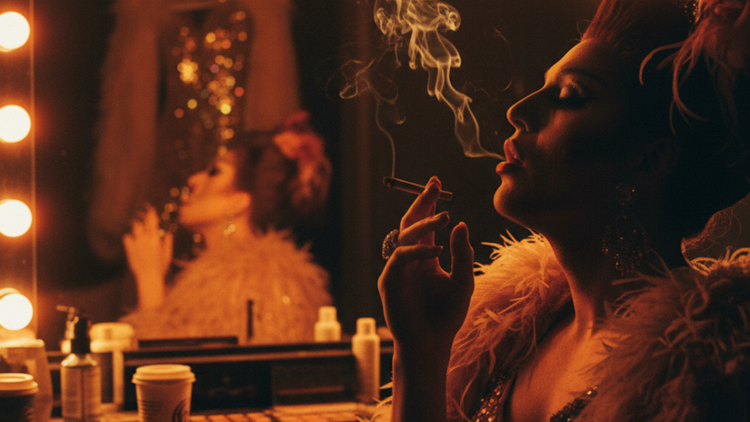Drag queen smoking a joint at a backstage vanity