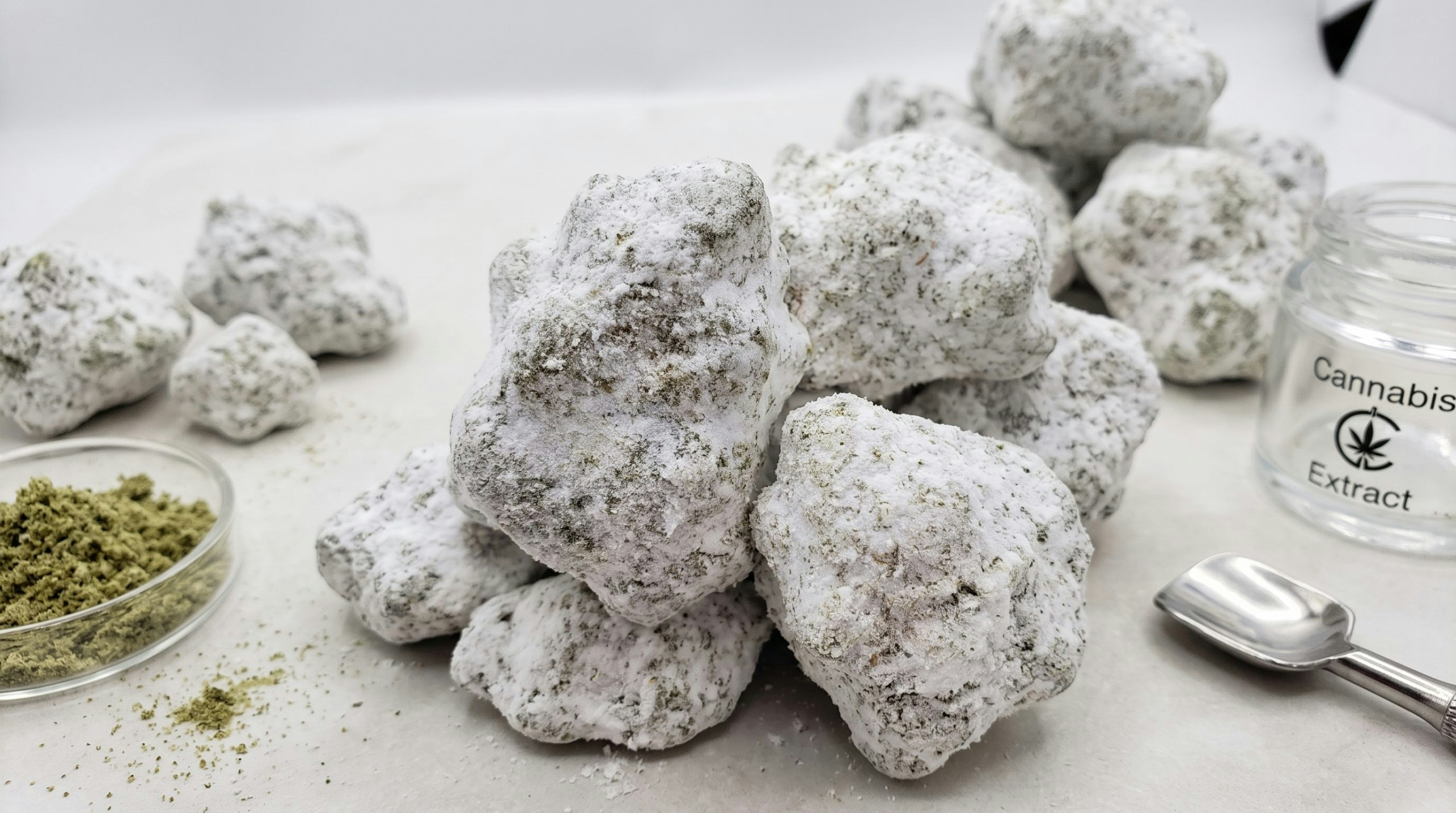 some cannabis snowballs over a table