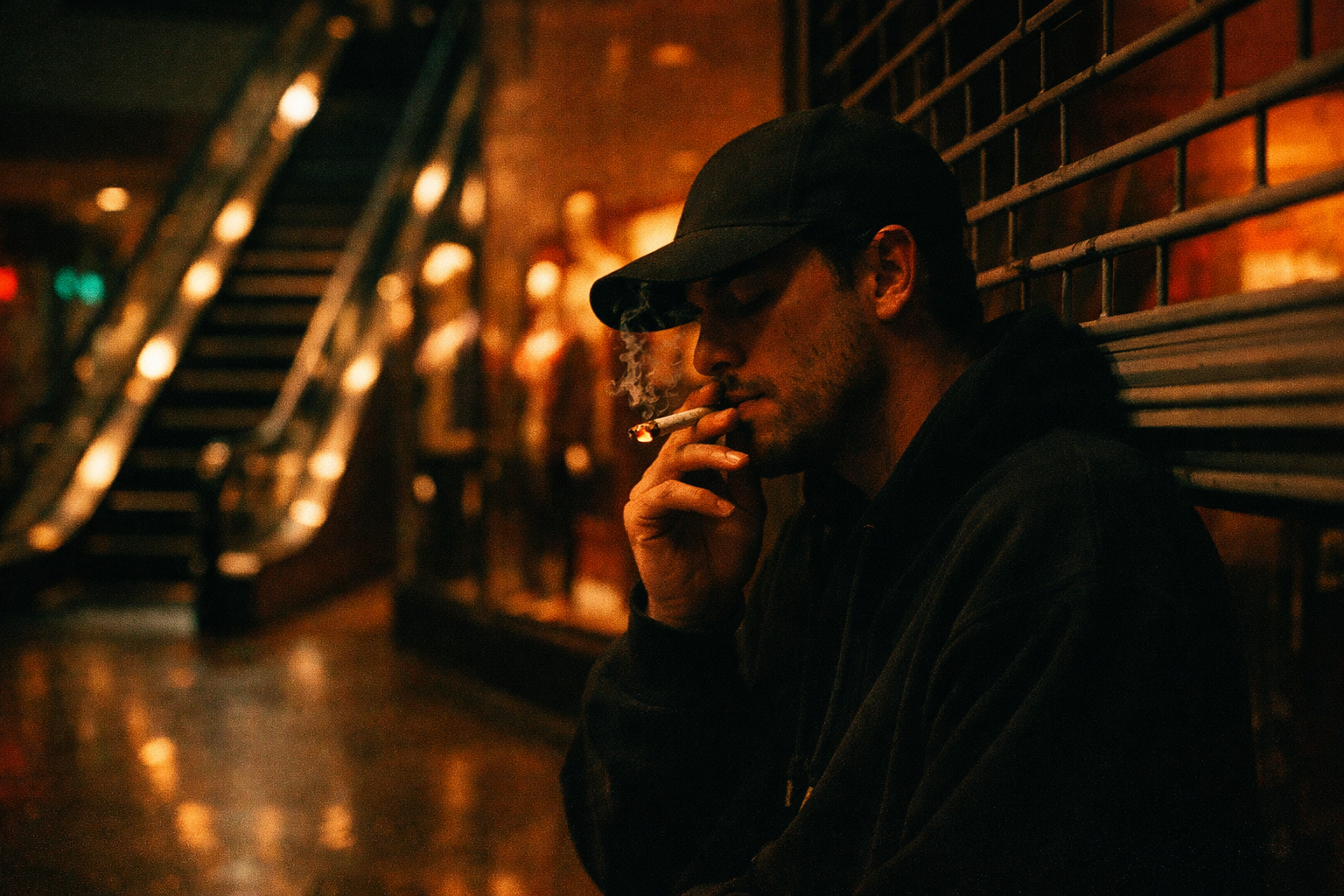 Man smoking a joint in an empty mall at night