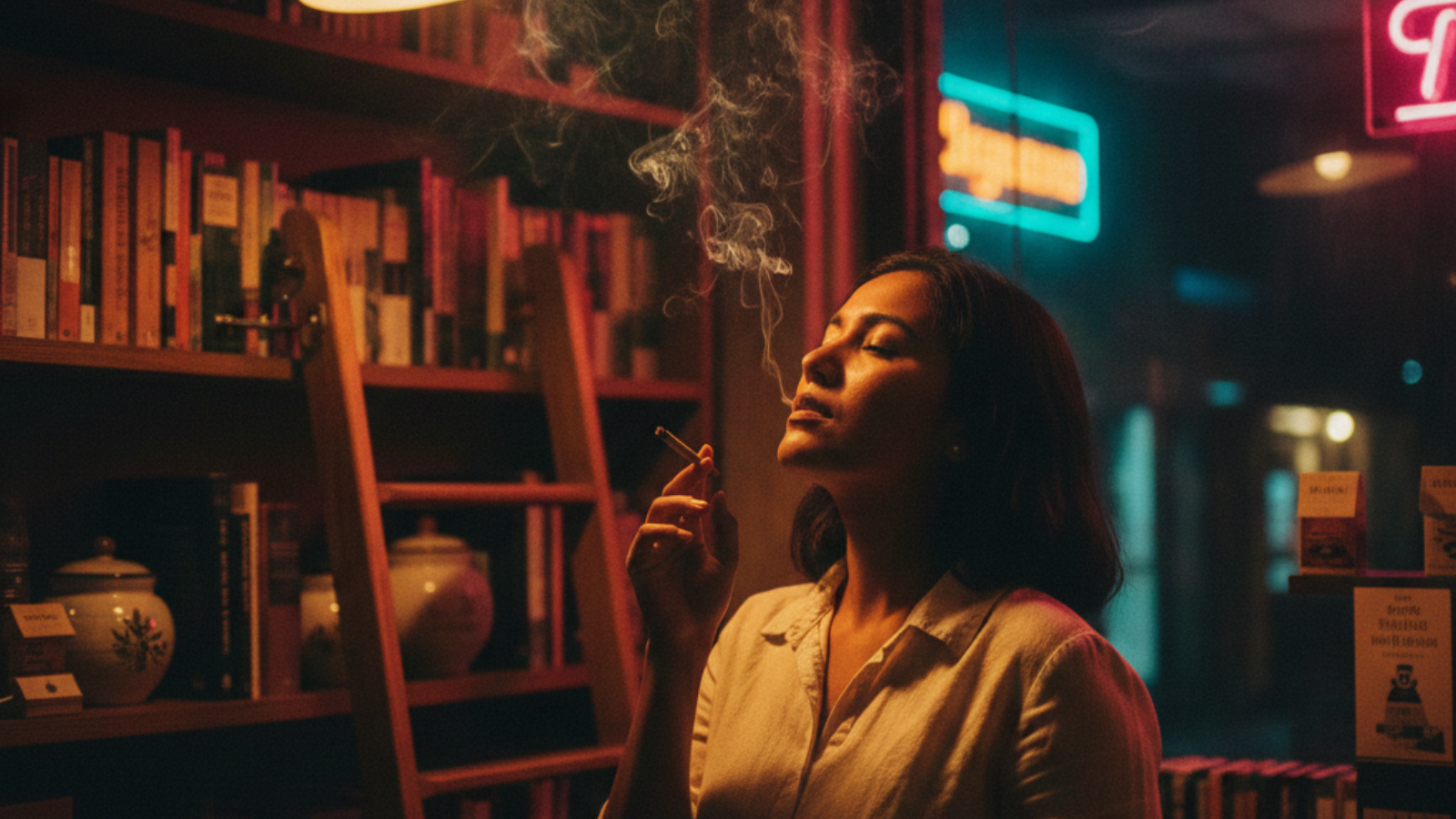 Tourist smoking a joint in a retail shop with warm amber and crimson lighting
