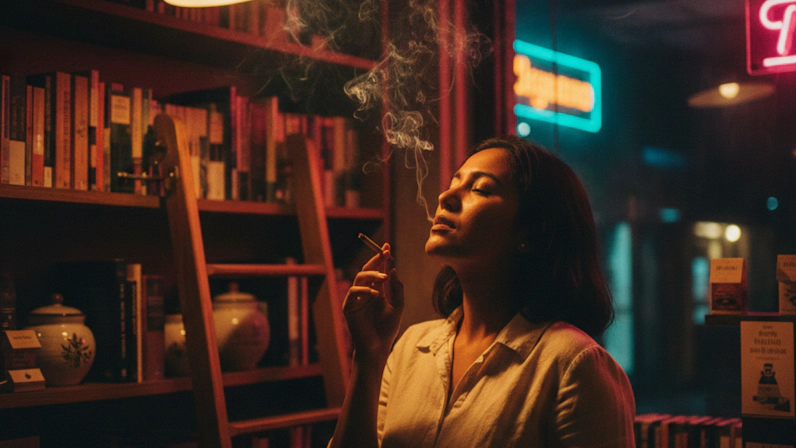 Tourist smoking a joint in a retail shop with warm amber and crimson lighting