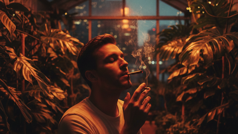 Man smoking a joint in a greenhouse surrounded by tropical plants