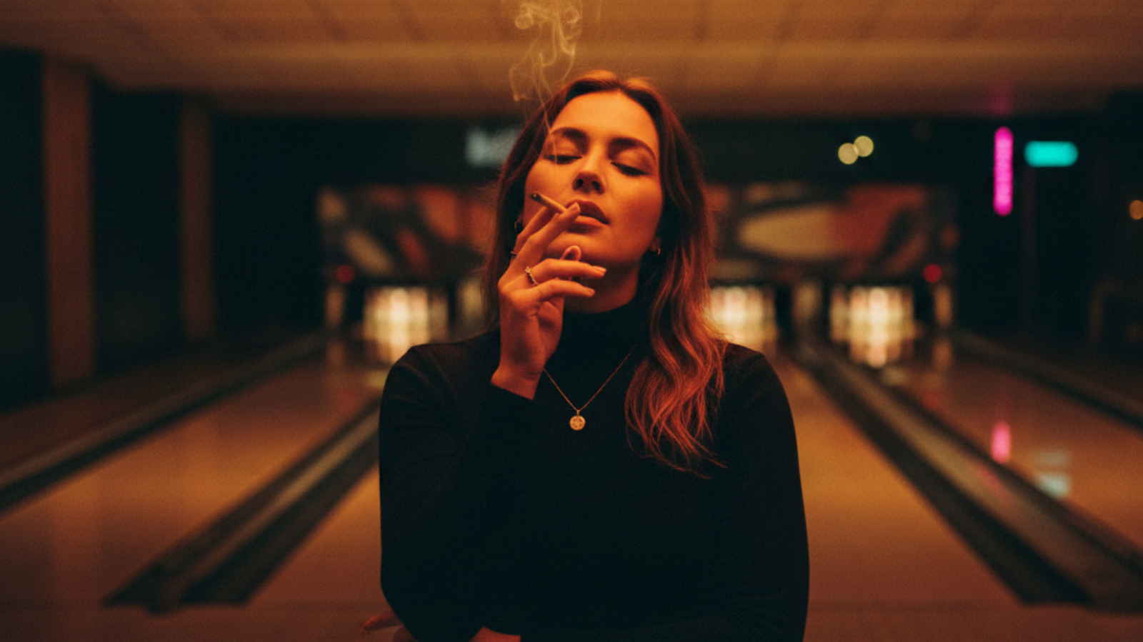 Woman smoking a joint in a bowling alley at night