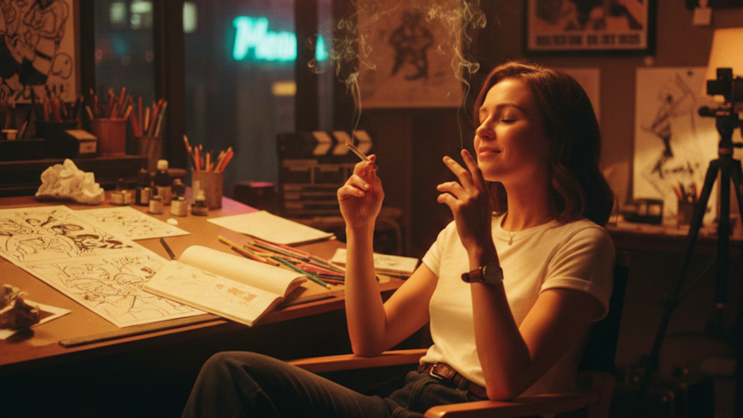 Woman smoking a joint in a cartoonist’s studio behind the scenes