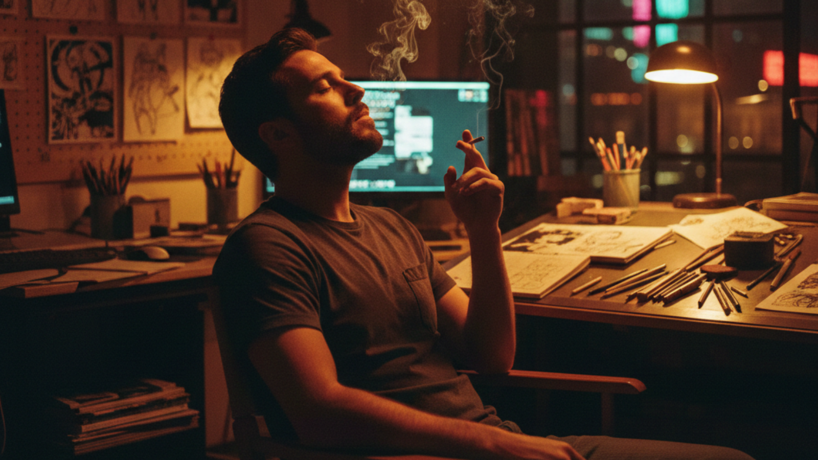 Man smoking a joint in a comic book studio between creative sessions