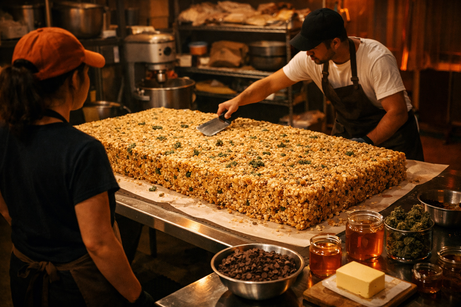 Record-breaking cannabis edible displayed in an industrial kitchen