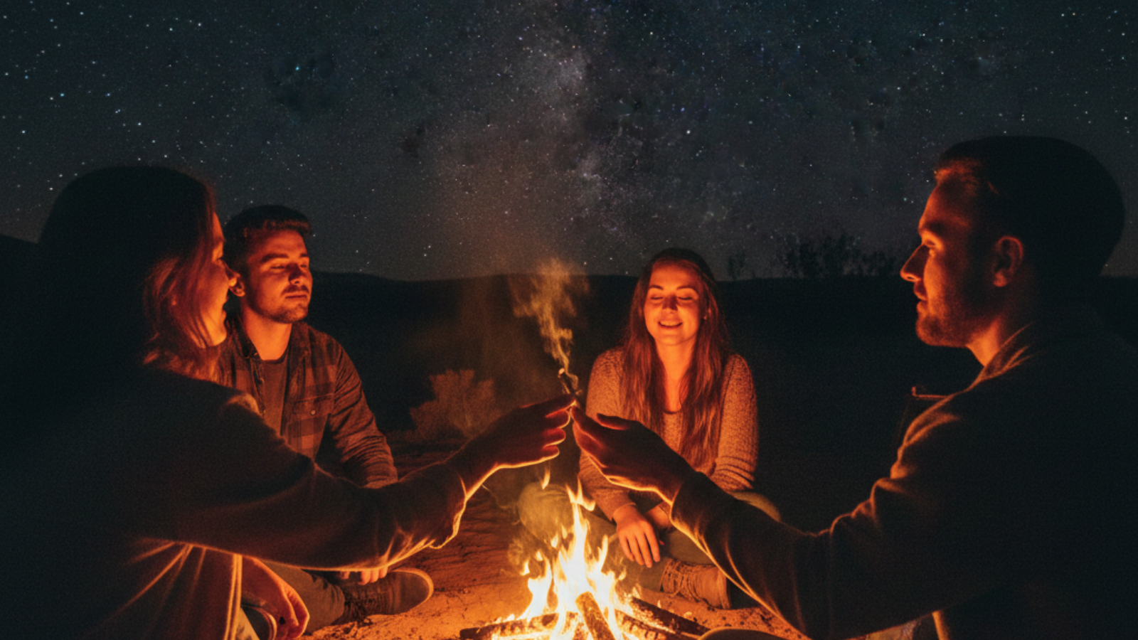 Four friends passing a joint around a campfire under desert stars